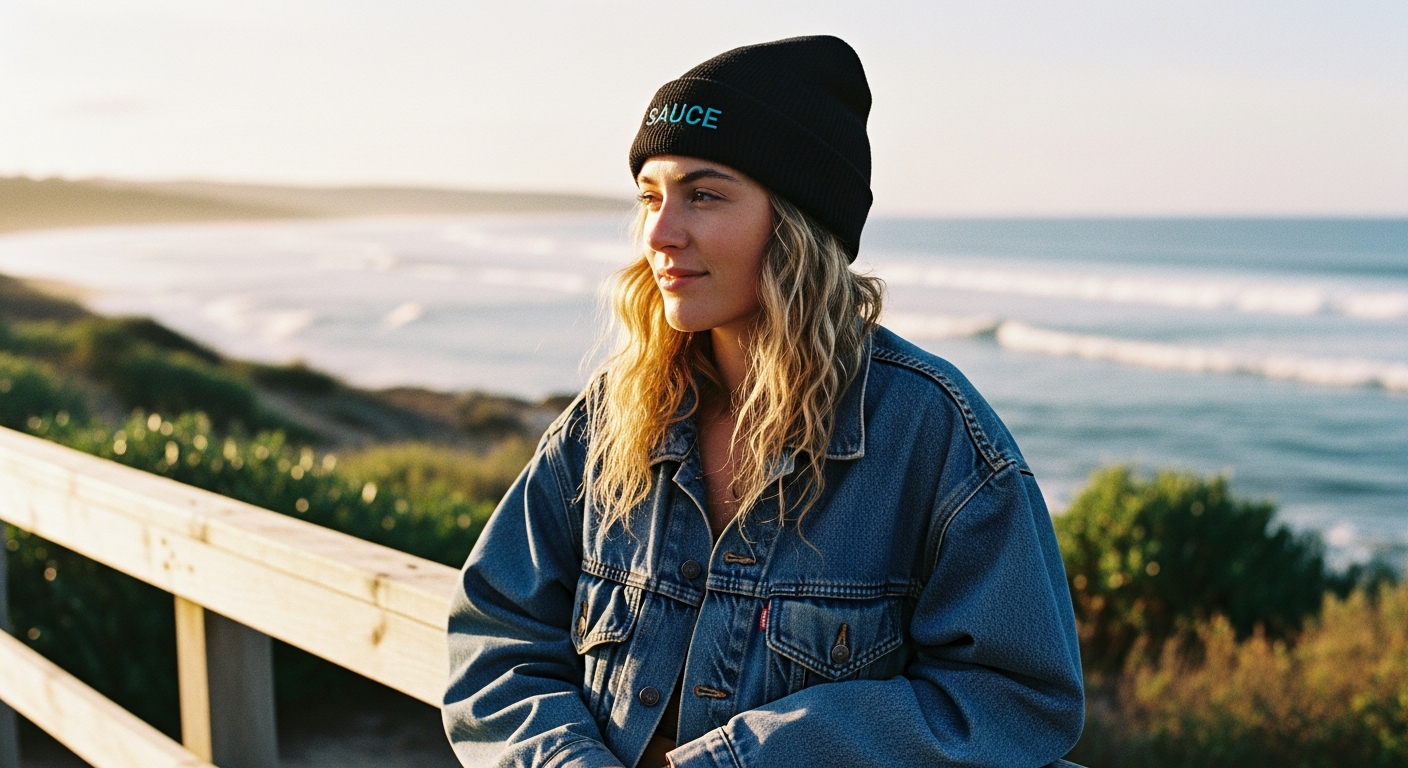 Woman in an Out Sauce beanie and denim jacket on a coastal boardwalk.